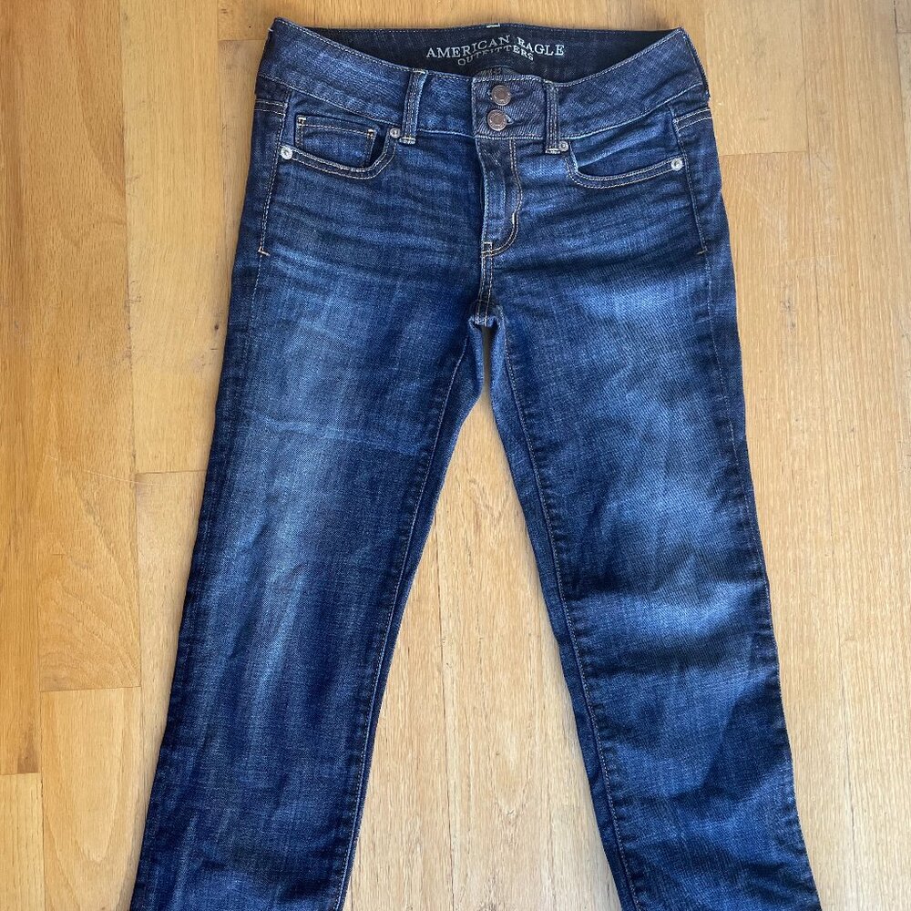 American Eagle Artist Crop Stretch Jeans Dark Blue Wash Capris